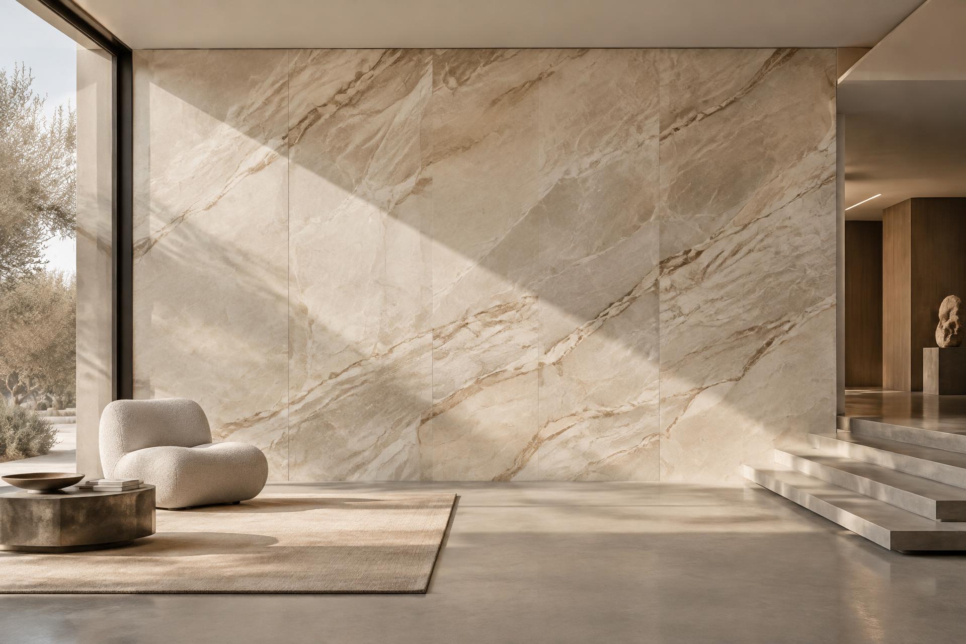 Parede em lastra de grande formato em interior contemporâneo